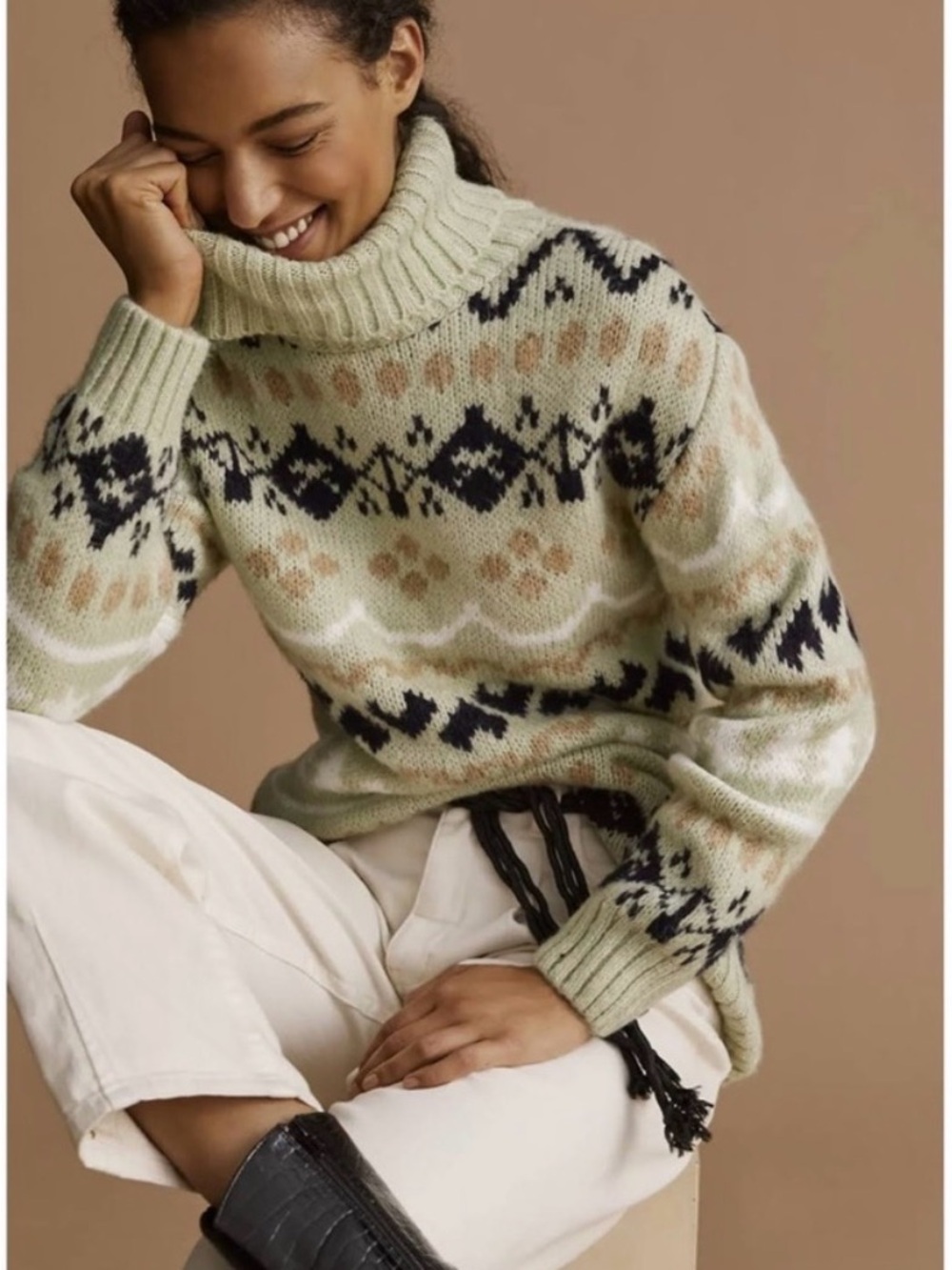 Anthropologie Turtleneck Fair Isle Sweater/Tunic - Mint Green Holiday Print (S)